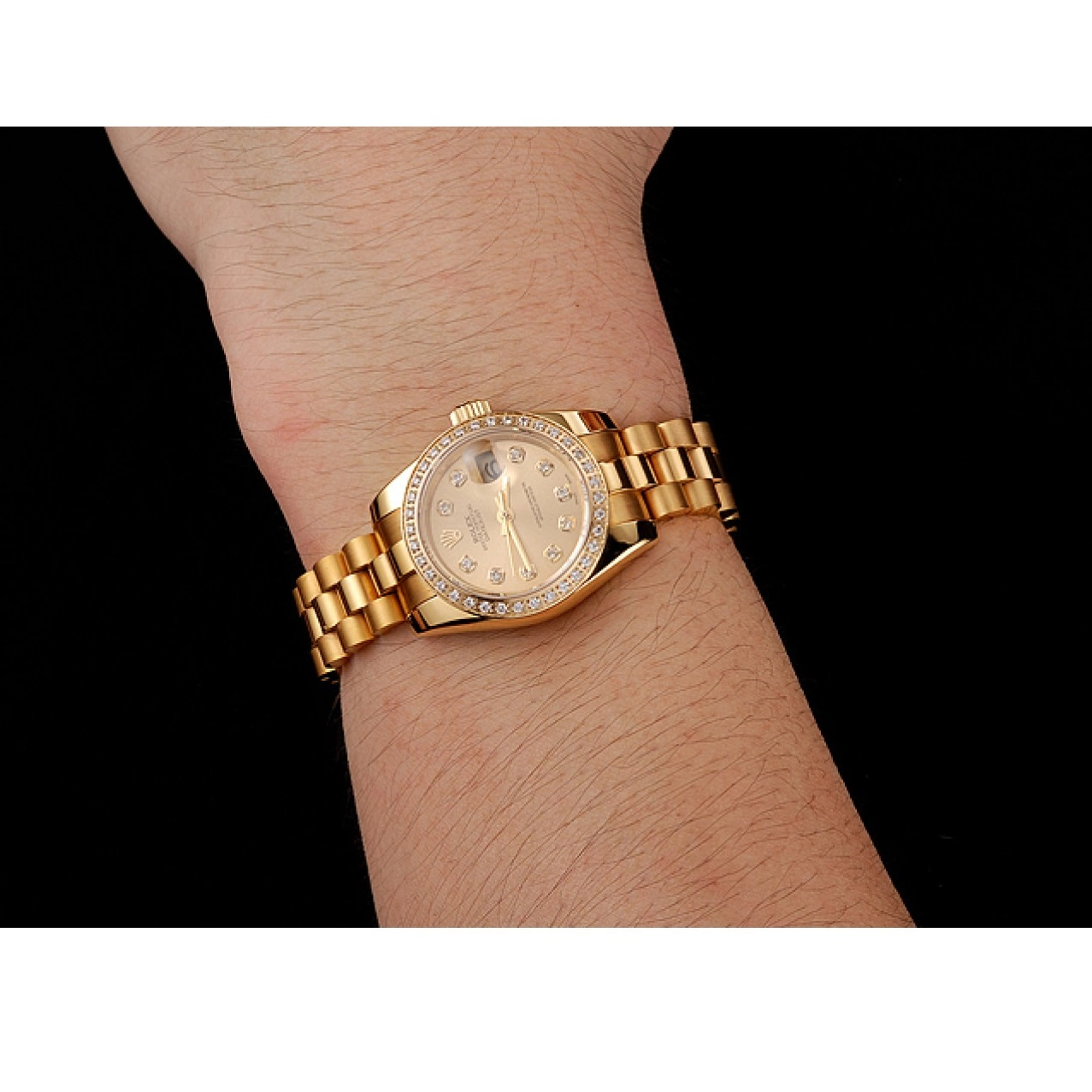 AAA Replica Watches Swiss 1454095 Gold Champagne Dial Diamond Bracelet Lady-Datejust Bezel Rolex 0806